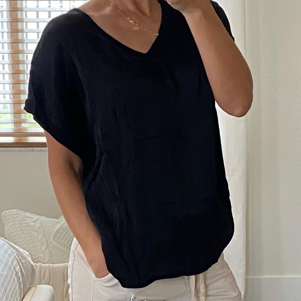 Black V-Neck Satin & Knit Mixed Fabric Blouse – S, M, L (NWT)